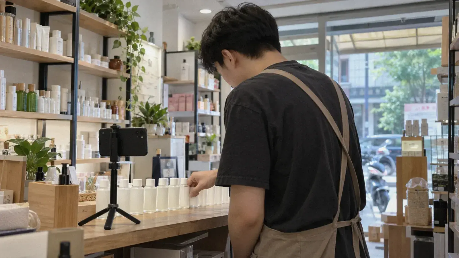 店員在櫃檯把一排白色瓶罐逐一擺正，旁邊手機架在小三腳架上對著商品，示意拍貼文的日常內容與觸及疲乏